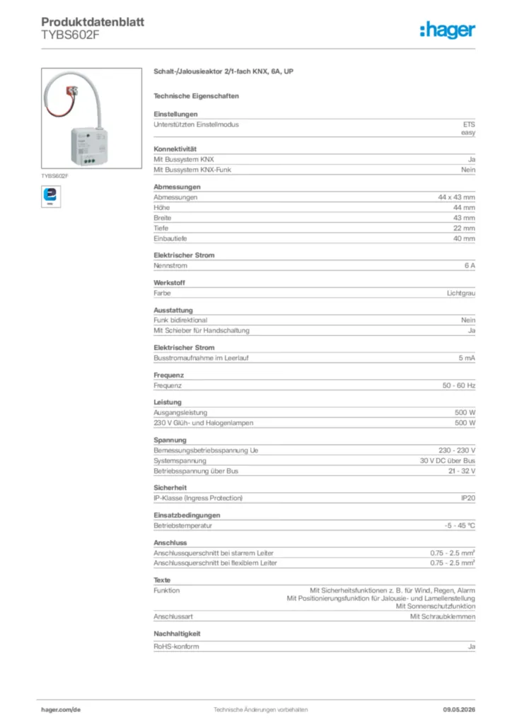 Bild Hager Produktdatenblatt TYBS602F | Hager Deutschland