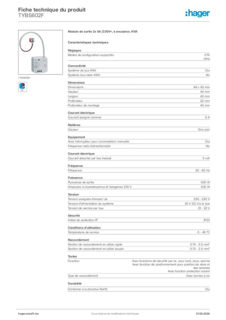 Image Hager Fiche technique du produit TYBS602F | Hager Belgique