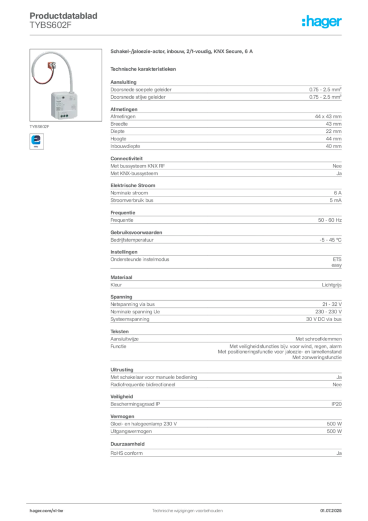 Afbeelding Hager Productdatablad TYBS602F | Hager Belgium