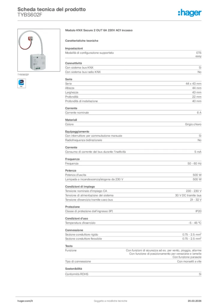 Immagine Hager Scheda tecnica del prodotto TYBS602F | Hager Italia