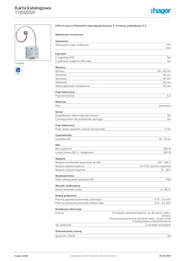 Zdjęcie Hager Karta katalogowa TYBS602F | Hager Polska