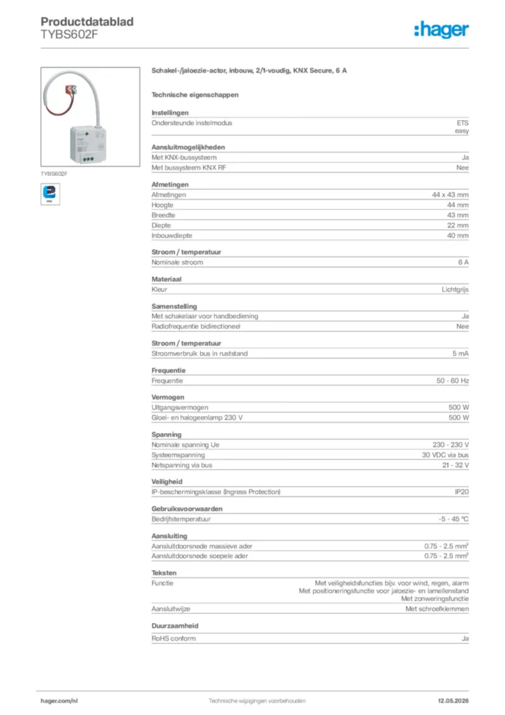 Afbeelding Hager Productdatablad TYBS602F | Hager Nederland