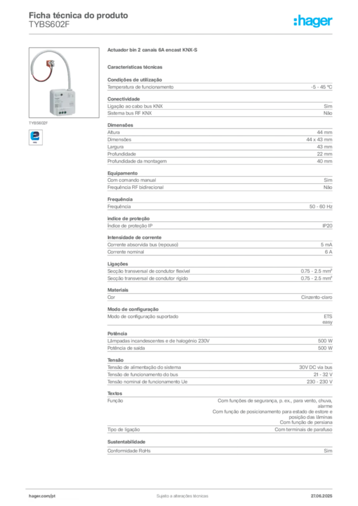 Imagem Hager Ficha técnica do produto TYBS602F | Hager Portugal