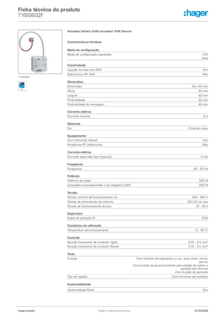 Imagem Hager Ficha técnica do produto TYBS602F | Hager Portugal