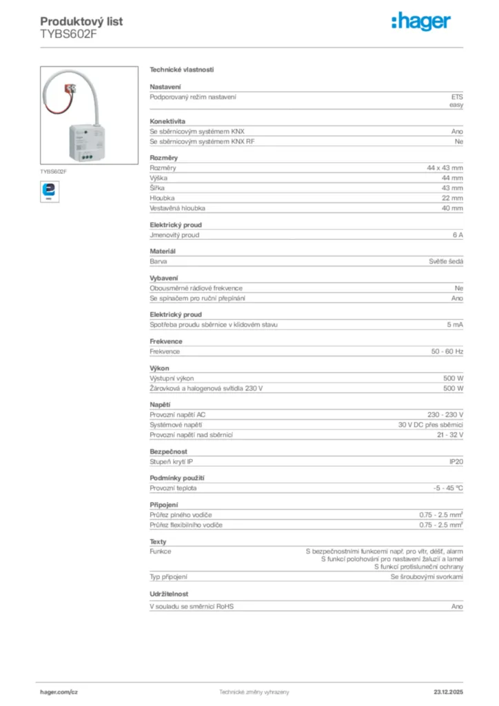 Obrázek Hager Product data sheet TYBS602F | Hager