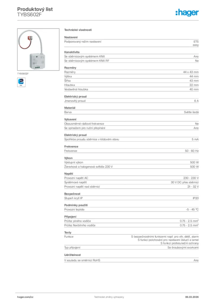 Obrázek Hager Product data sheet TYBS602F | Hager