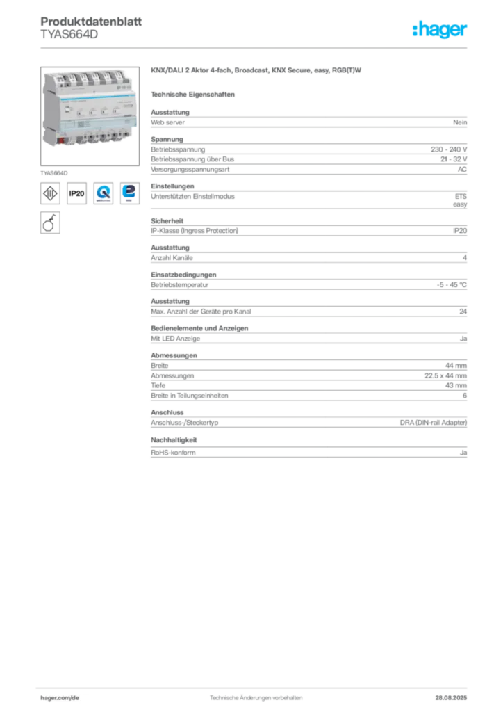 Hager Produktdatenblatt TYAS664D