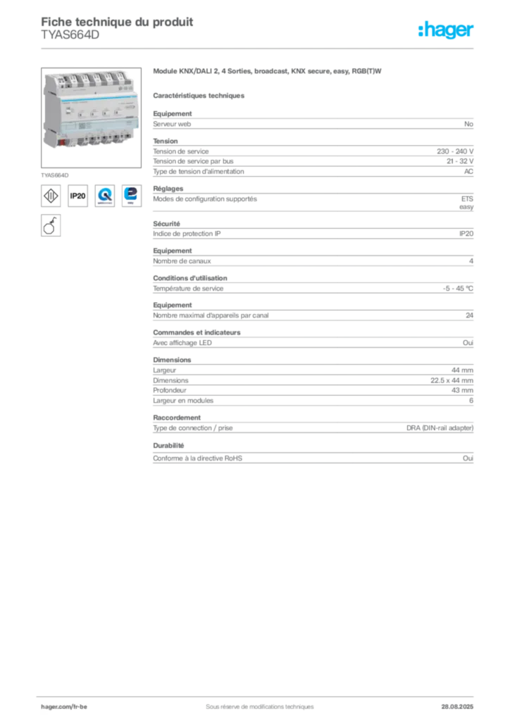 Image Hager Fiche technique du produit TYAS664D | Hager Belgique