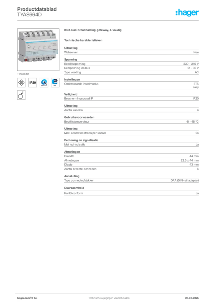 Afbeelding Hager Productdatablad TYAS664D | Hager Belgium