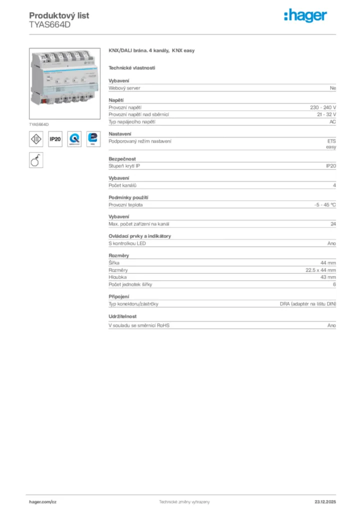 Obrázek Hager Product data sheet TYAS664D | Hager