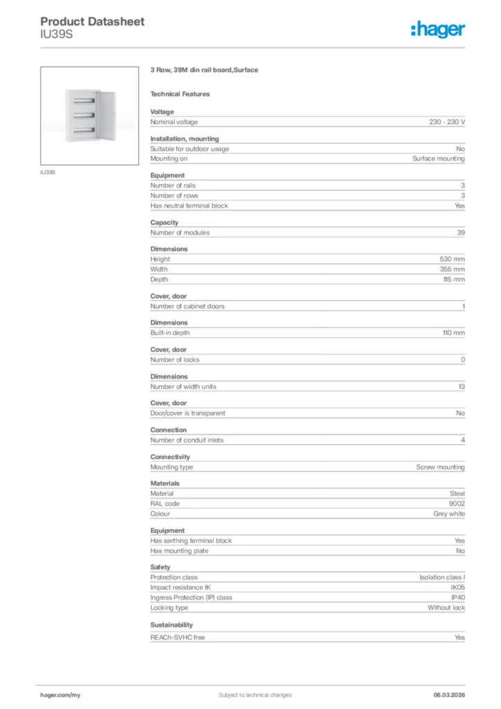 Image Hager Product data sheet IU39S  | Hager