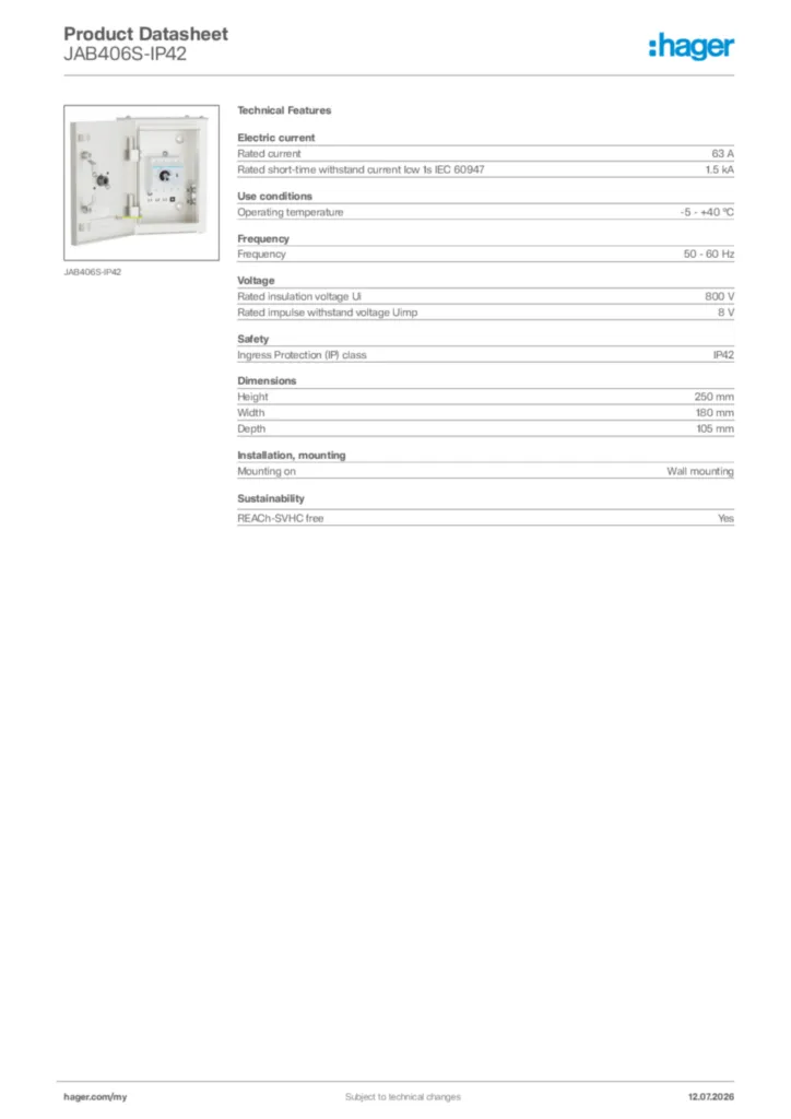 Enclosed LBS, 63A, TPSN, IP42 • JAB406S-IP42 | Hager