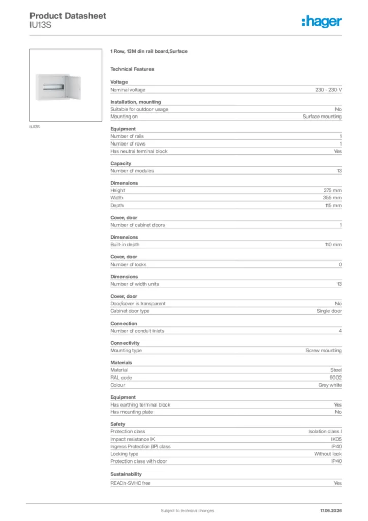Image Hager Product data sheet IU13S  | Hager