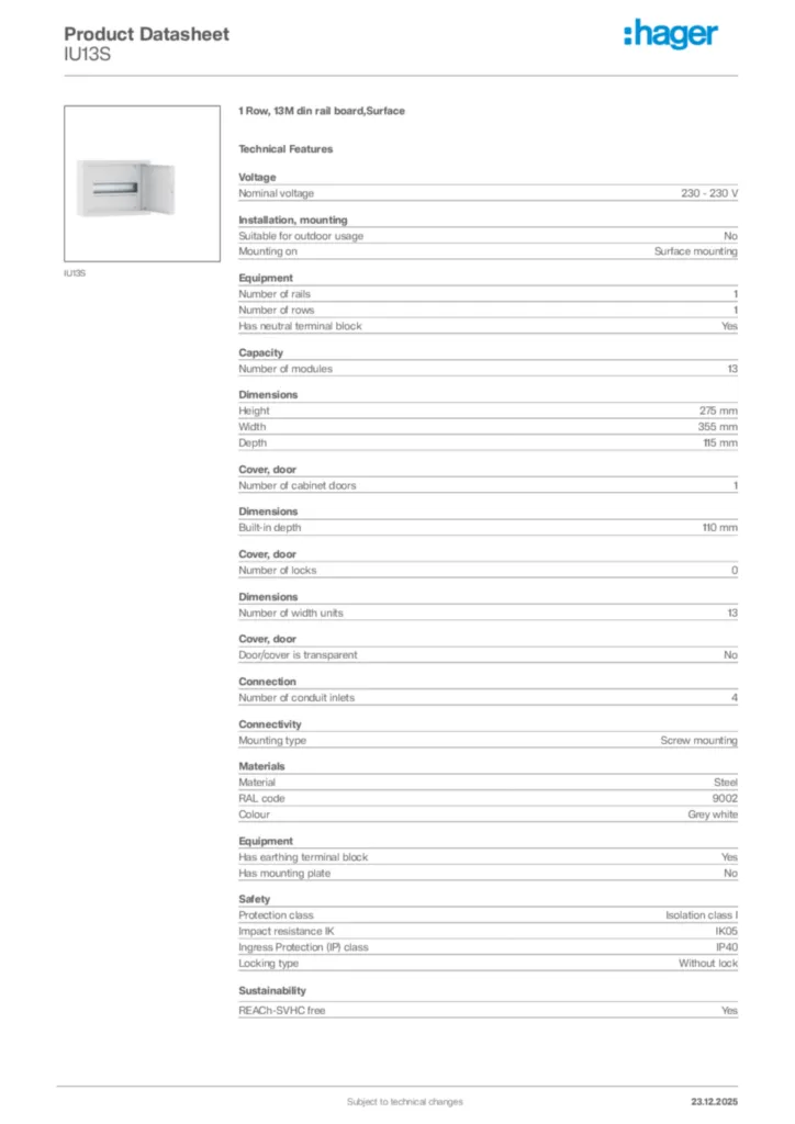 Image Hager Product data sheet IU13S  | Hager
