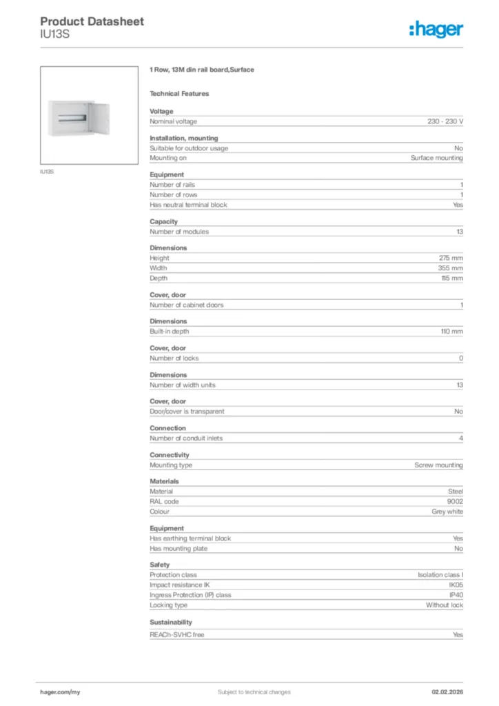 Image Hager Product data sheet IU13S  | Hager