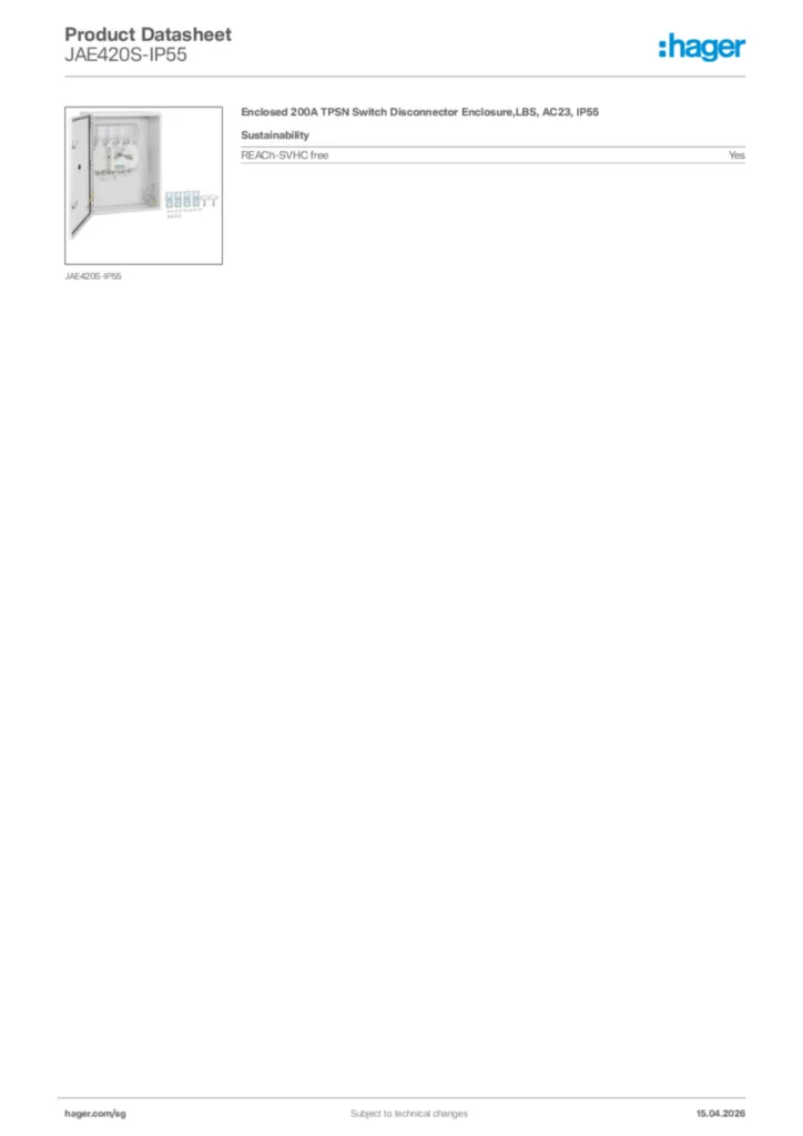 Image Hager Product data sheet JAE420S-IP55  | Hager