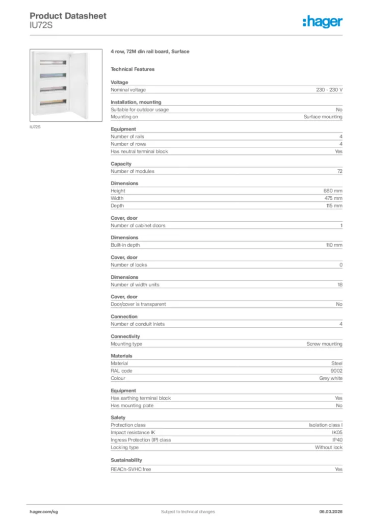 Image Hager Product data sheet IU72S  | Hager