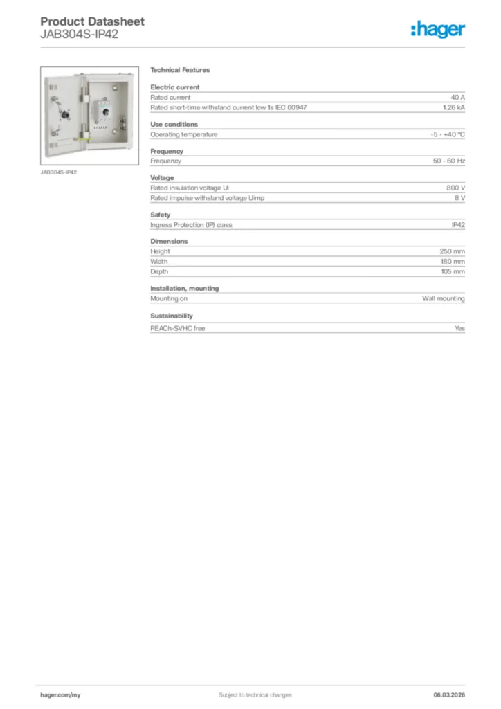 Image Hager Product data sheet JAB304S-IP42  | Hager