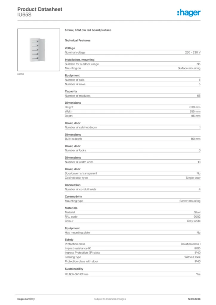 Image Hager Product data sheet IU65S  | Hager
