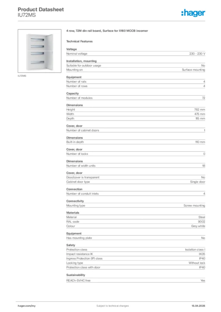 Image Hager Product data sheet IU72MS  | Hager