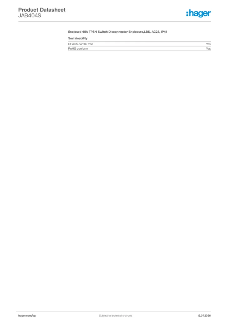 Image Hager Product data sheet JAB404S  | Hager