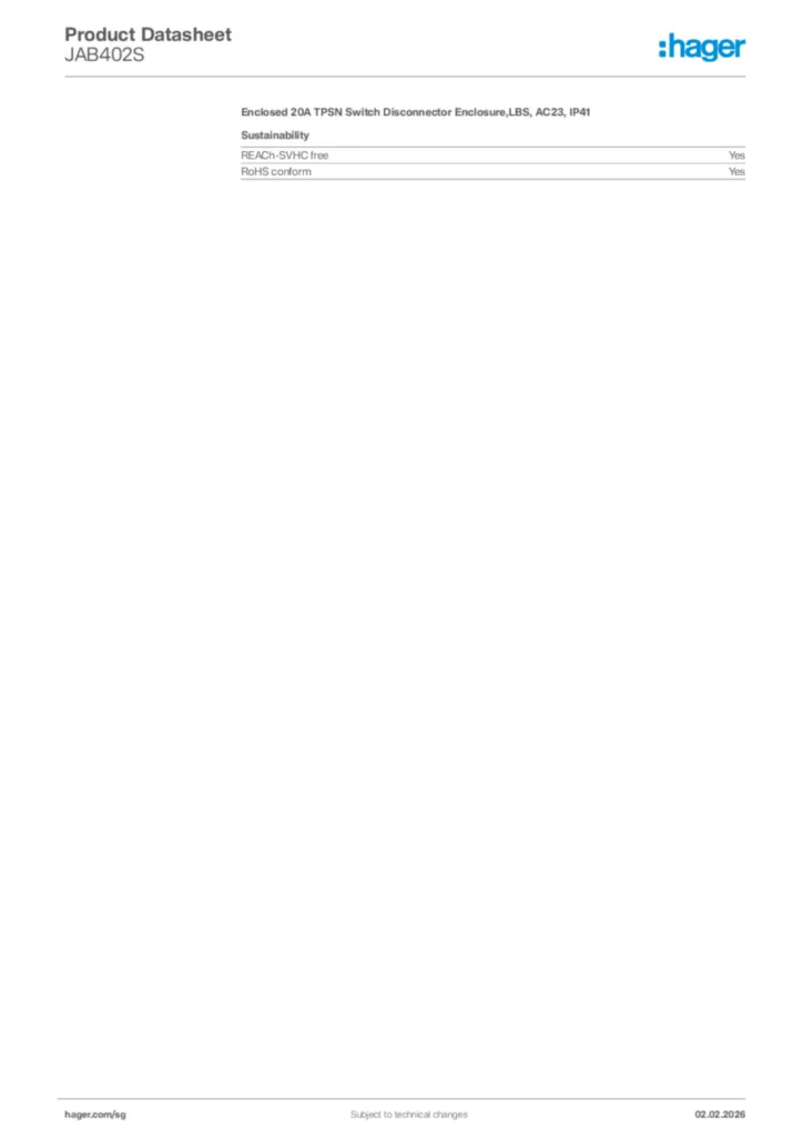 Image Hager Product data sheet JAB402S  | Hager