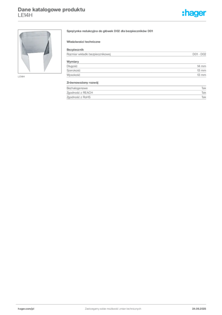 Zdjęcie Hager Dane katalogowe produktu LE14H | Hager Polska
