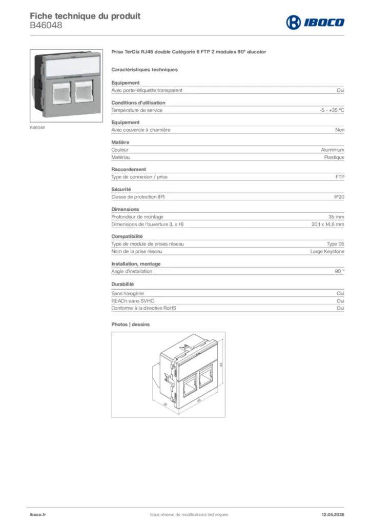 Image Iboco Fiche technique du produit B46048 | Hager France