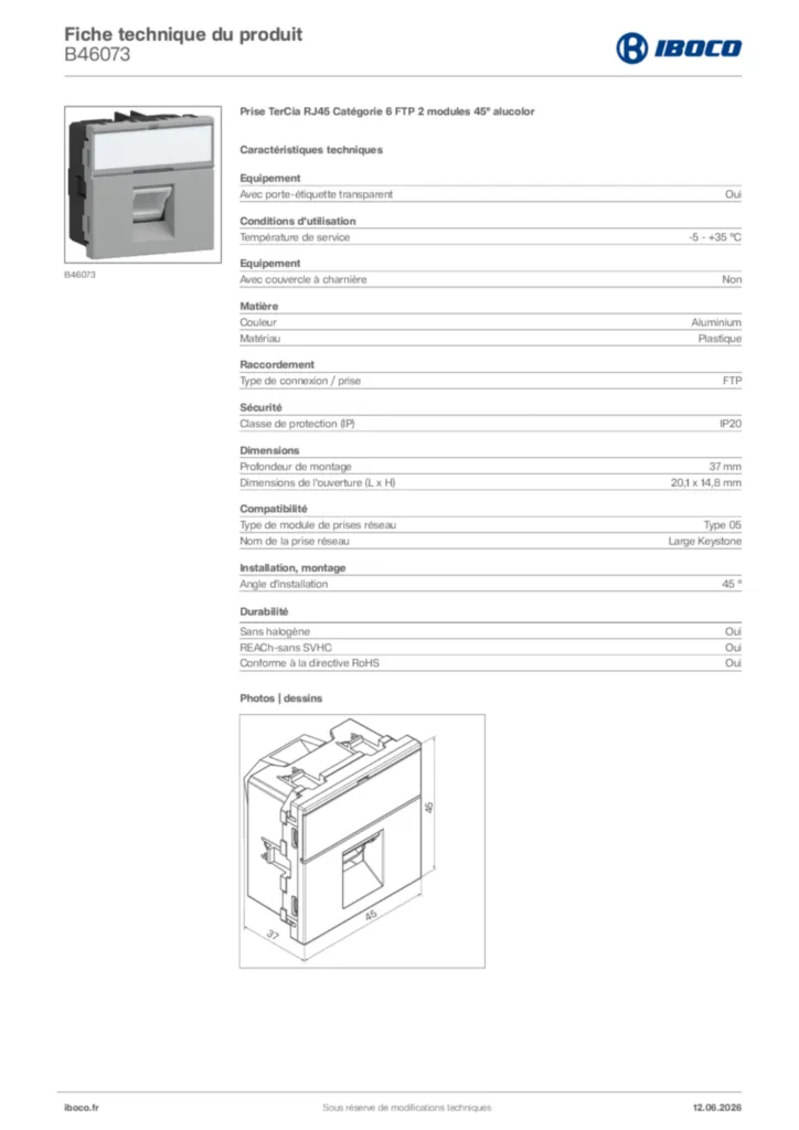 Image Iboco Fiche technique du produit B46073 | Hager France