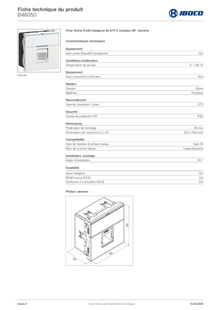 Image Iboco Fiche technique du produit B46050 | Hager France