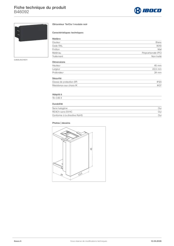 Image Iboco Fiche technique du produit B46092 | Hager France