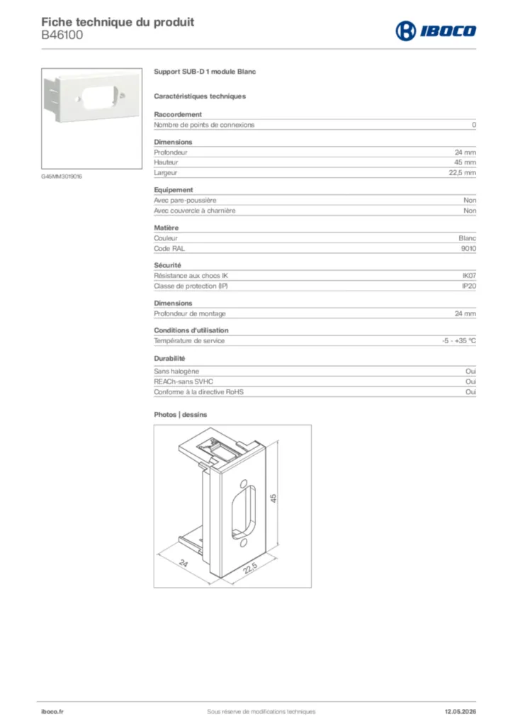 Image Iboco Fiche technique du produit B46100 | Hager France