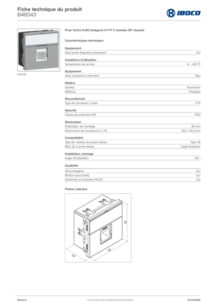 Image Iboco Fiche technique du produit B46043 | Hager France