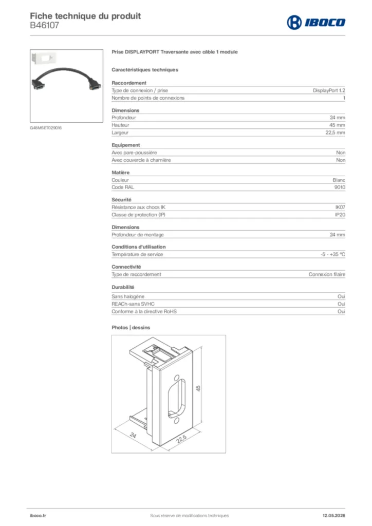 Image Iboco Fiche technique du produit B46107 | Hager France