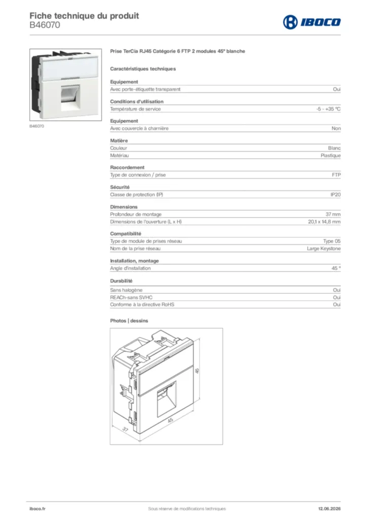 Image Iboco Fiche technique du produit B46070 | Hager France