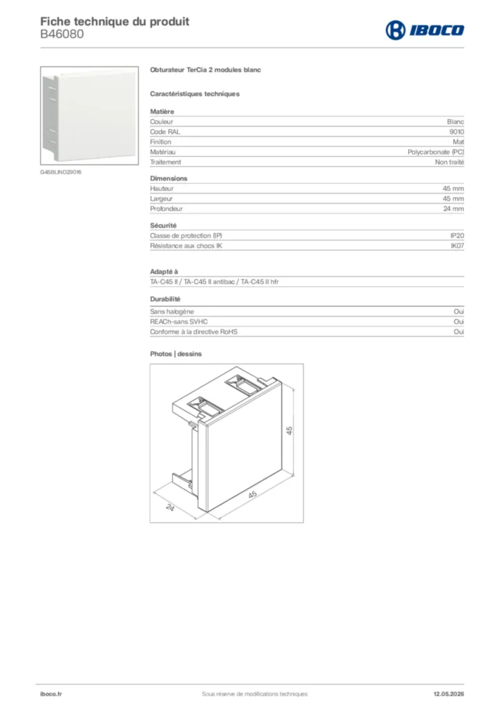 Image Iboco Fiche technique du produit B46080 | Hager France