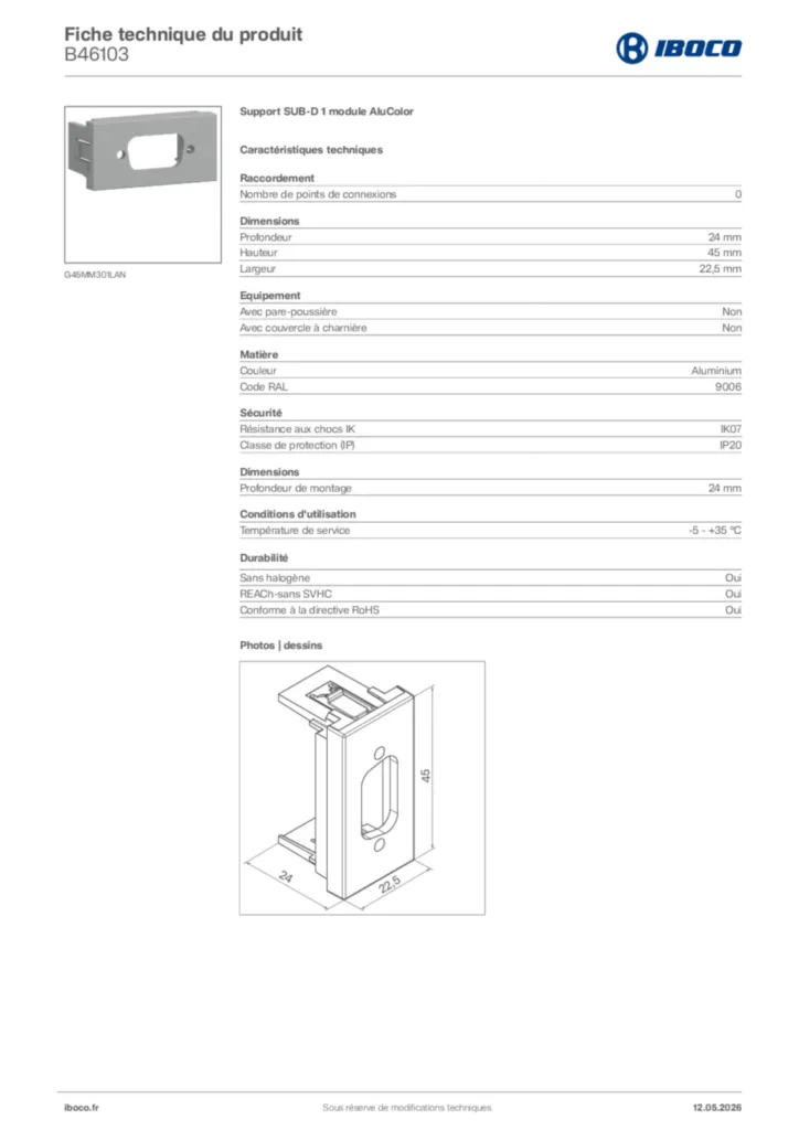 Image Iboco Fiche technique du produit B46103 | Hager France