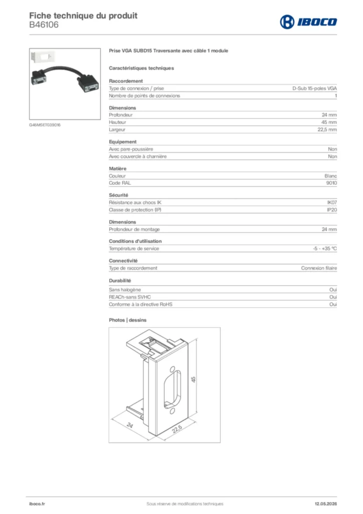 Image Iboco Fiche technique du produit B46106 | Hager France
