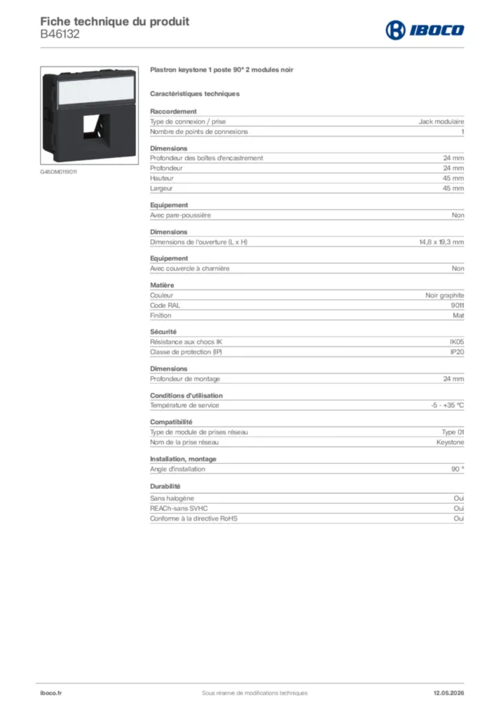 Image Iboco Fiche technique du produit B46132 | Hager France