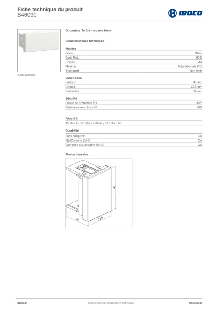 Image Iboco Fiche technique du produit B46090 | Hager France