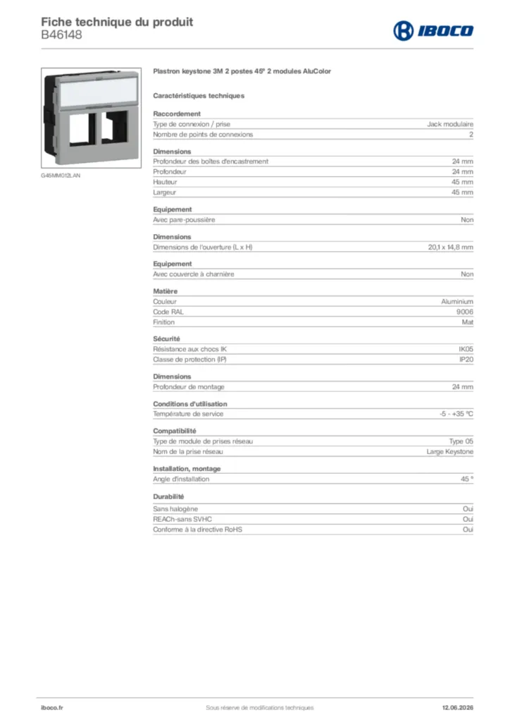 Image Iboco Fiche technique du produit B46148 | Hager France