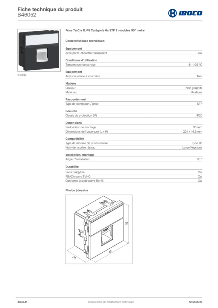Image Iboco Fiche technique du produit B46052 | Hager France
