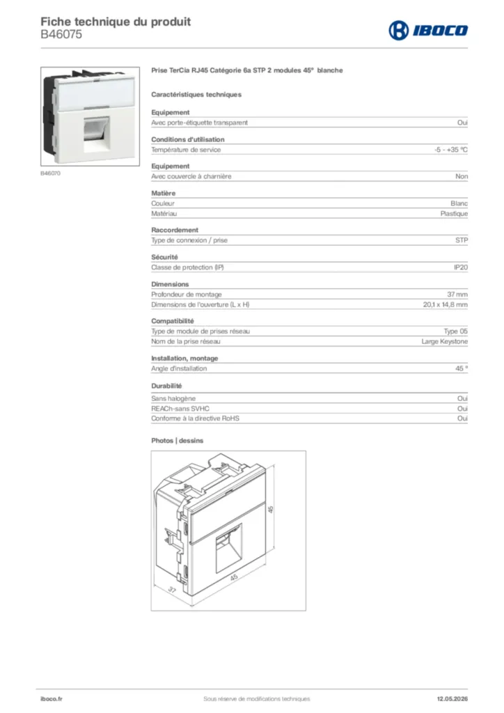Image Iboco Fiche technique du produit B46075 | Hager France