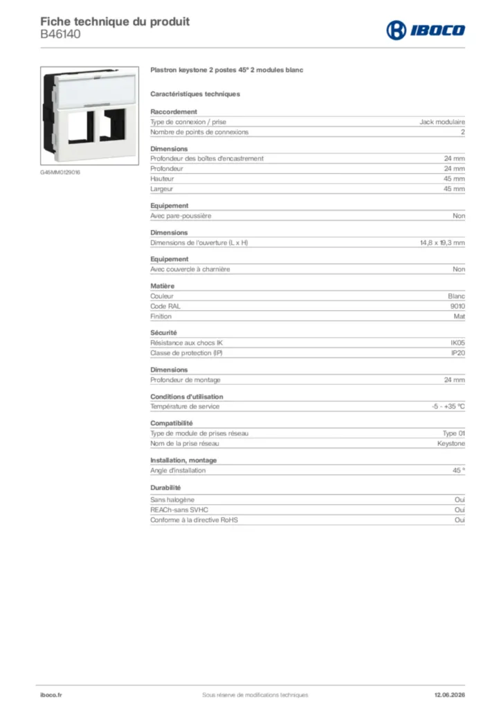 Image Iboco Fiche technique du produit B46140 | Hager France