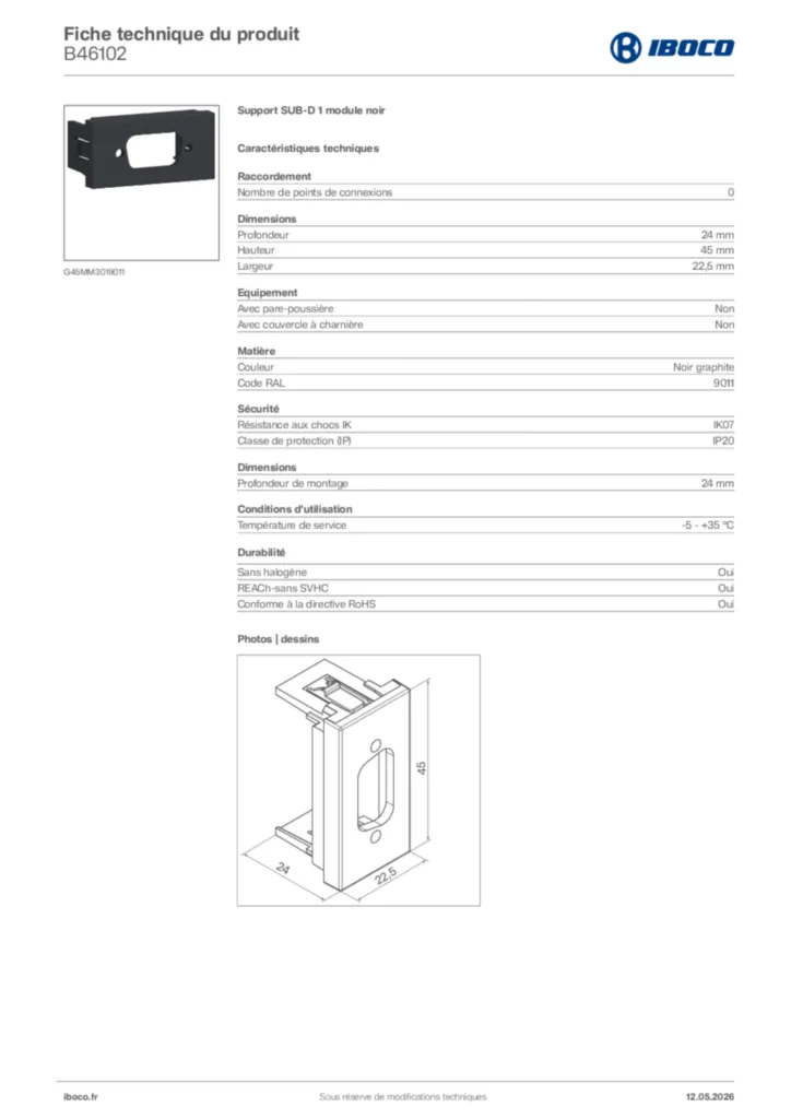 Image Iboco Fiche technique du produit B46102 | Hager France