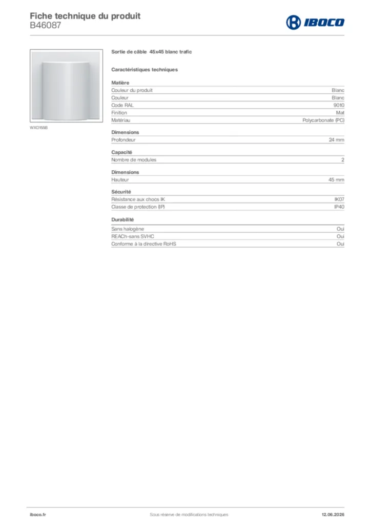 Image Iboco Fiche technique du produit B46087 | Hager France