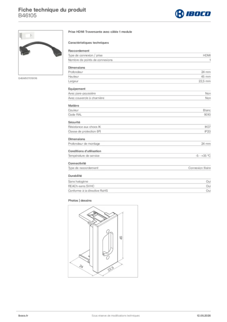 Image Iboco Fiche technique du produit B46105 | Hager France