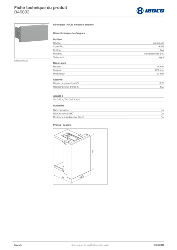 Image Iboco Fiche technique du produit B46093 | Hager France