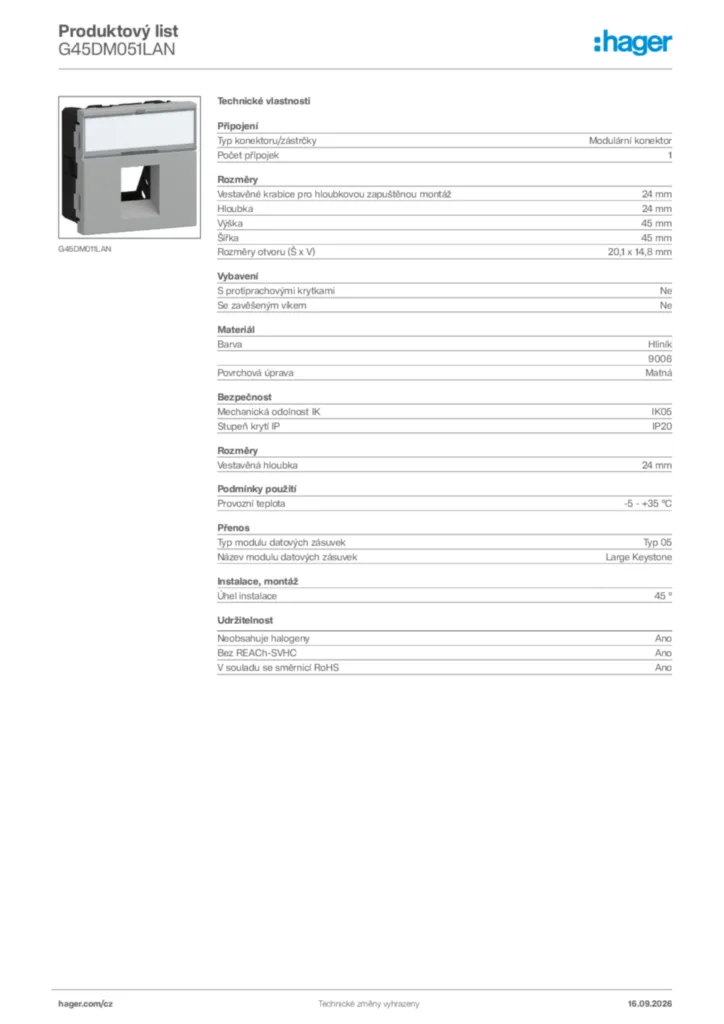Obrázek Hager Generováno - Datový list produktu G45DM051LAN | Hager