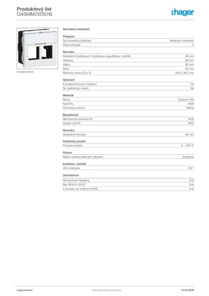 Obrázek Hager Product data sheet G45MM0129016 | Hager